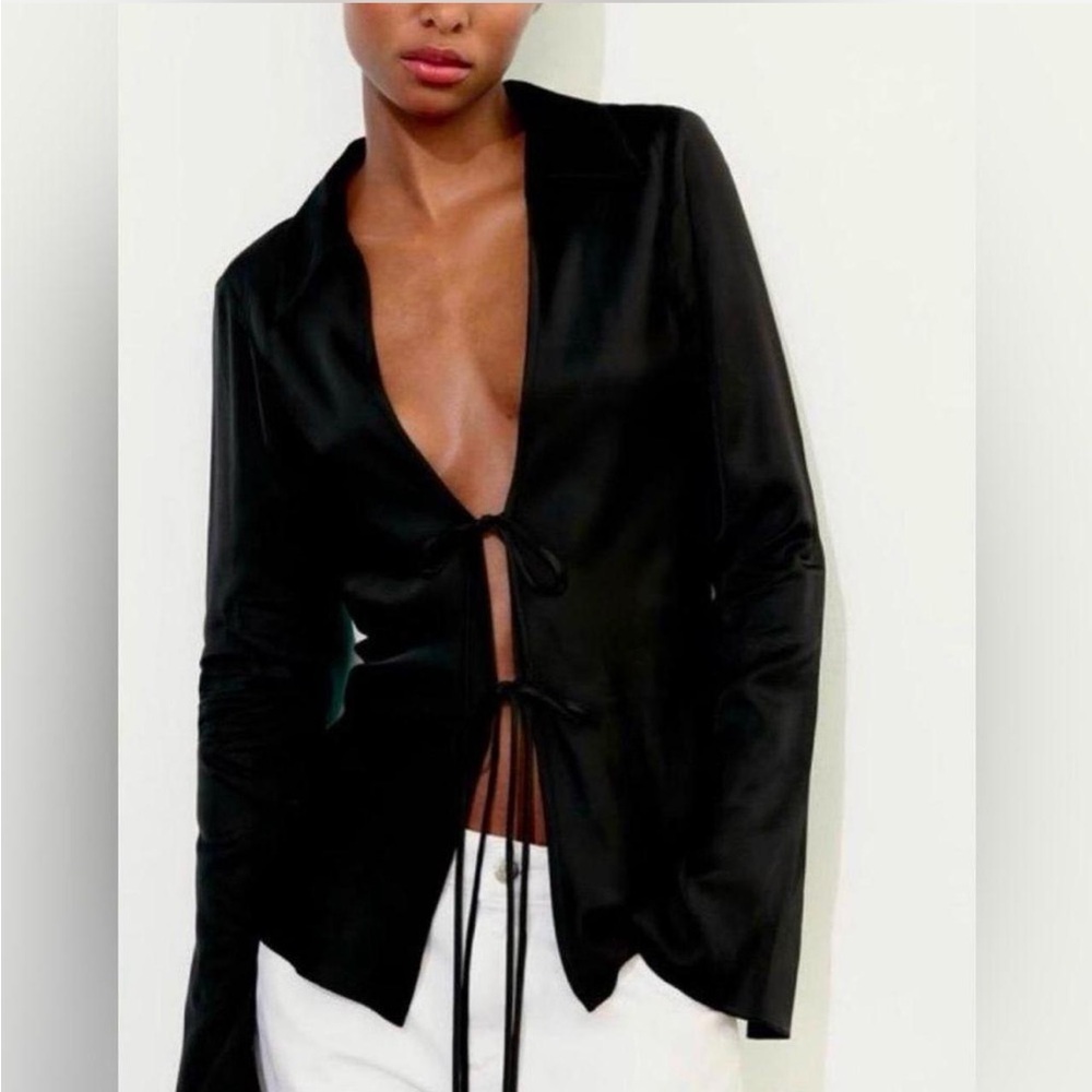 Zara Black Satin Tie-Front Top